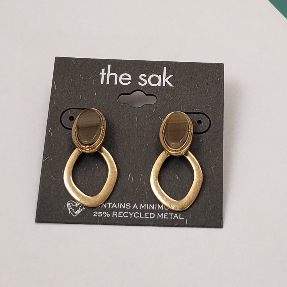 The Sak, NWT, gold tone olive stone, drop hoop pierced post fashion earrings